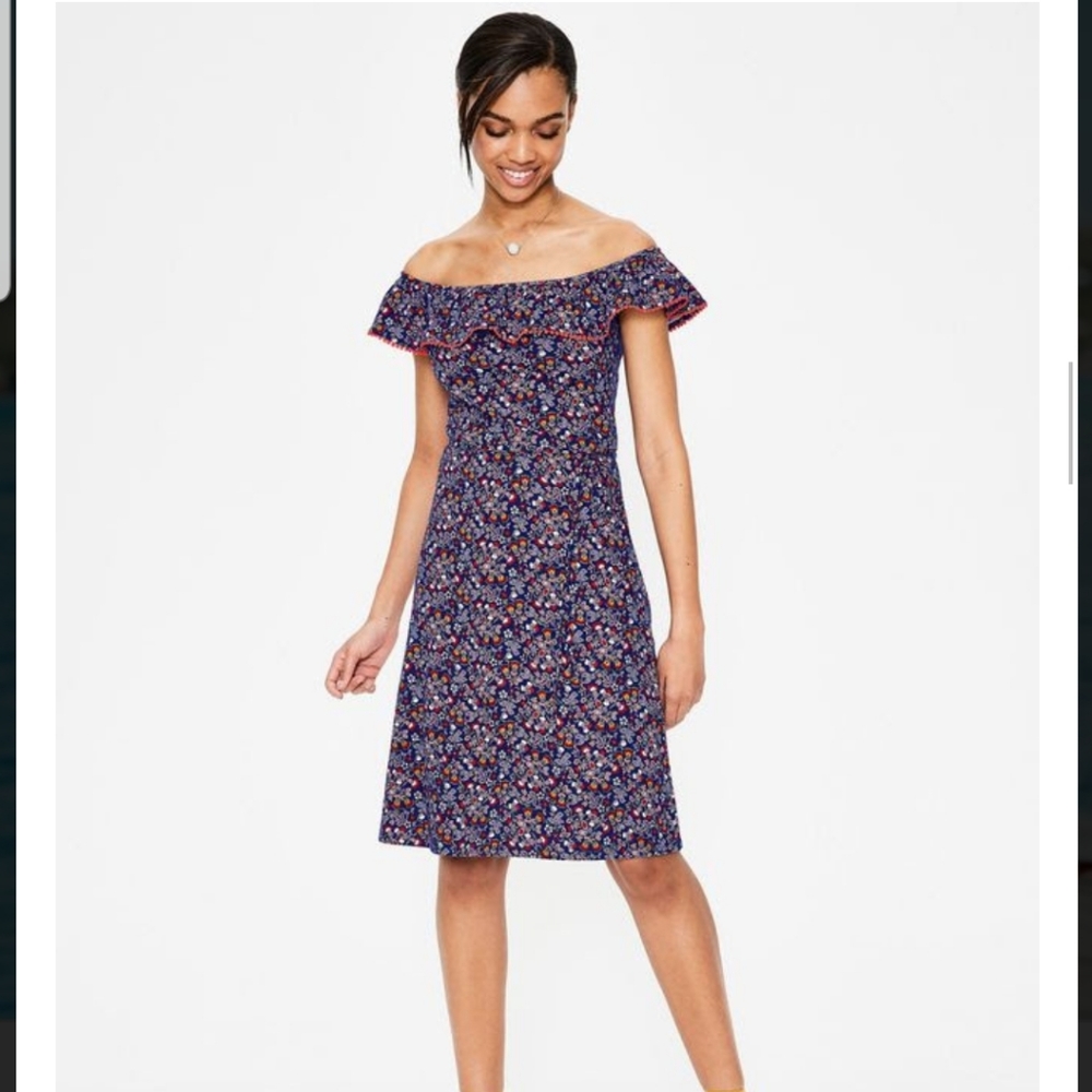 Boden Navy Floral Off-Shoulder Ruffle Dress